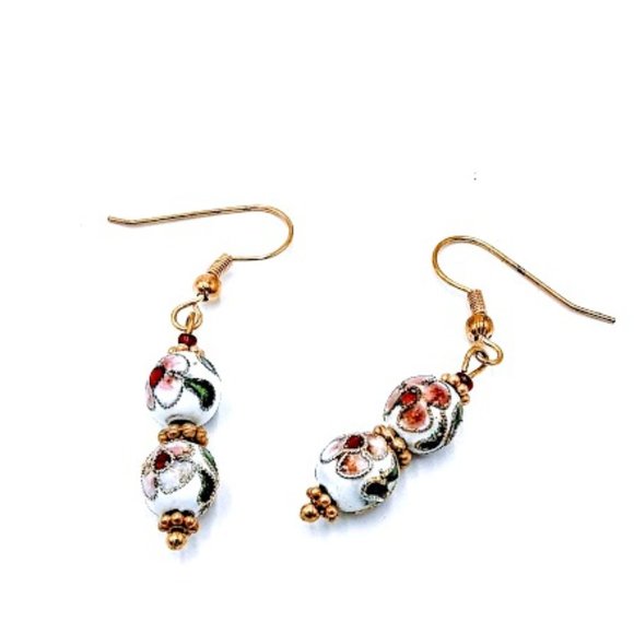 CLOISONNE FLORAL BEAD* EARRINGS*HAND CRAFTED*EAR WIRES WILL BE REPLACED - Picture 1 of 5